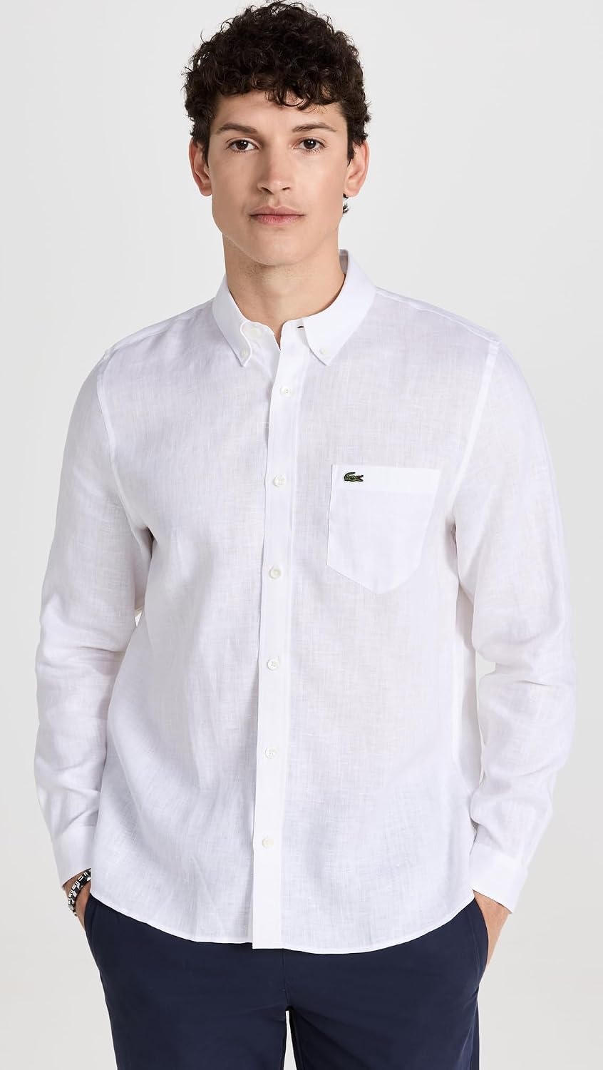 image:imageLacoste Mens Regular Fit Linen Casual Button Down ShirtWhite