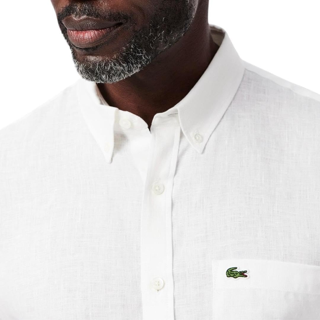 image:imageLacoste Mens Regular Fit Linen Casual Button Down ShirtWhite