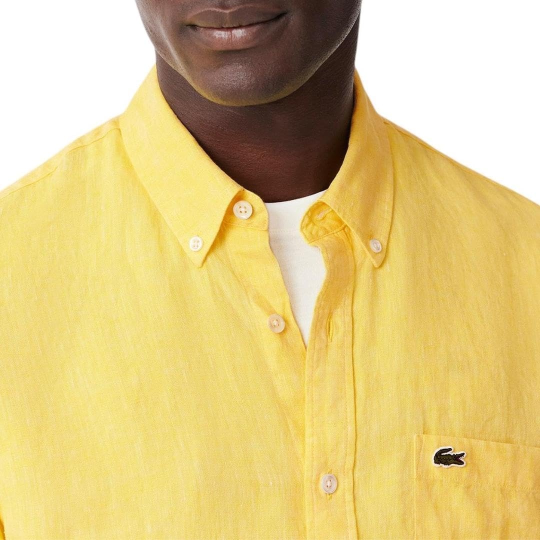 image:imageLacoste Mens Regular Fit Linen Casual Button Down ShirtYellow