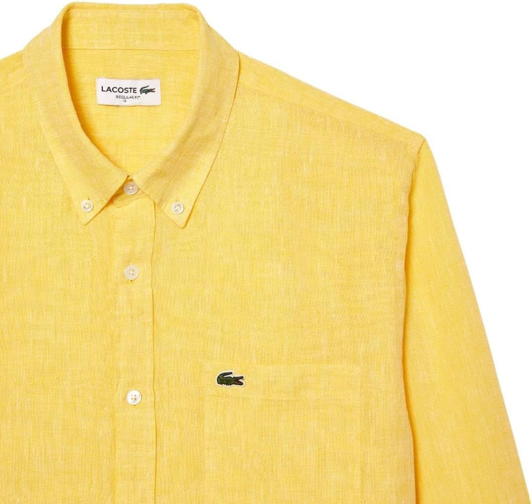 image:imageLacoste Mens Regular Fit Linen Casual Button Down ShirtYellow
