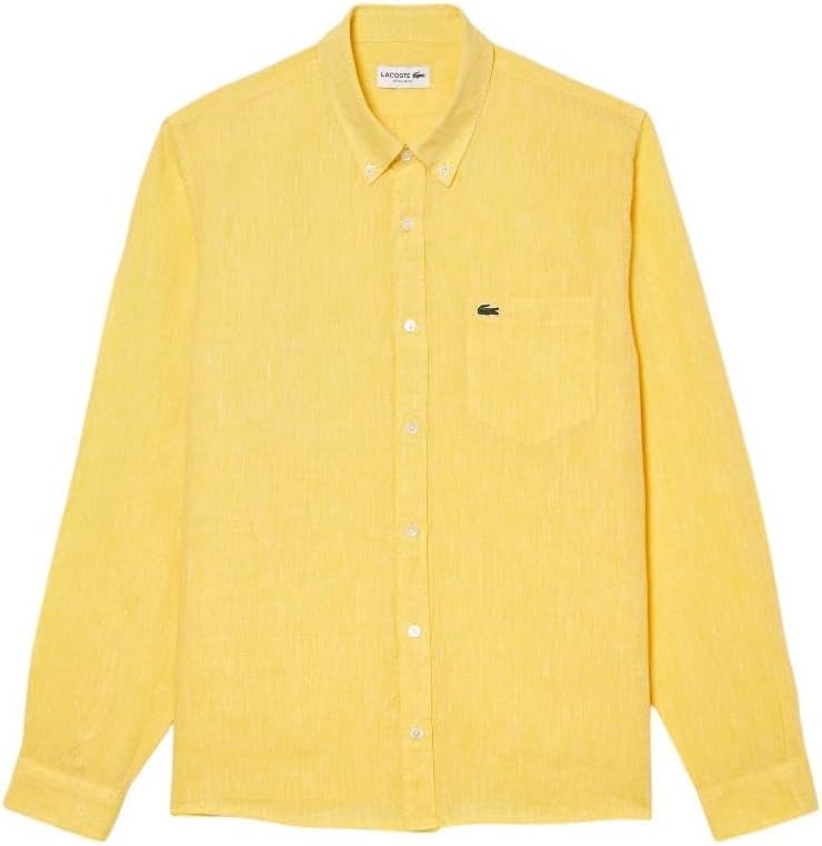 image:imageLacoste Mens Regular Fit Linen Casual Button Down ShirtYellow