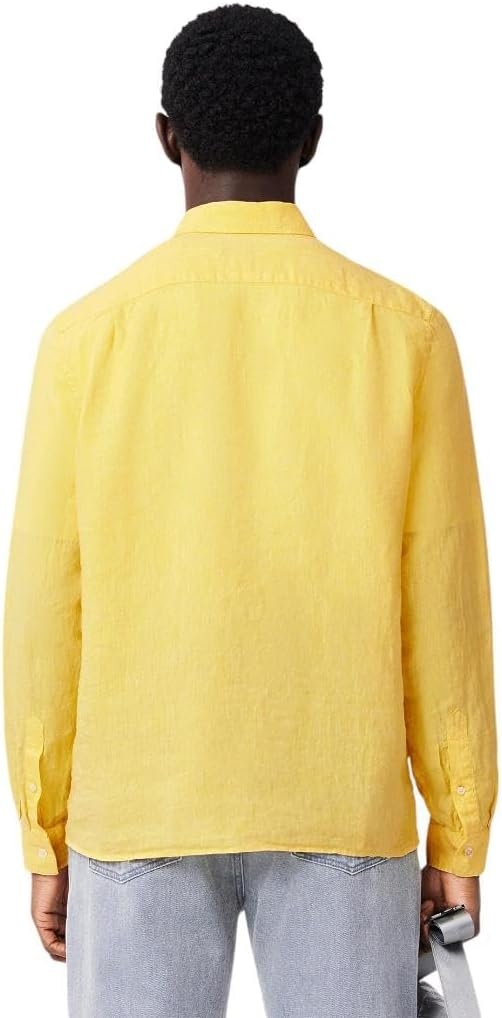 image:imageLacoste Mens Regular Fit Linen Casual Button Down ShirtYellow