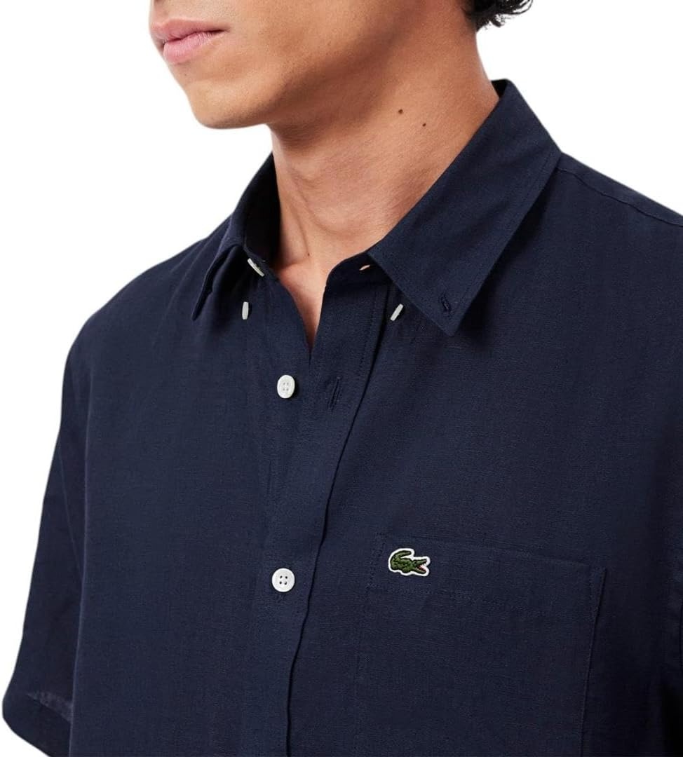 image:imageLacoste Mens Regular Fit Linen Casual Button DownNavy Blue