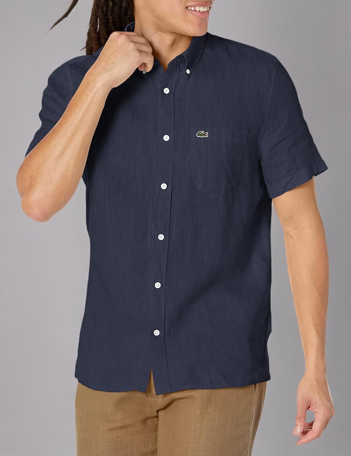 image:imageLacoste Mens Regular Fit Linen Casual Button DownNavy Blue
