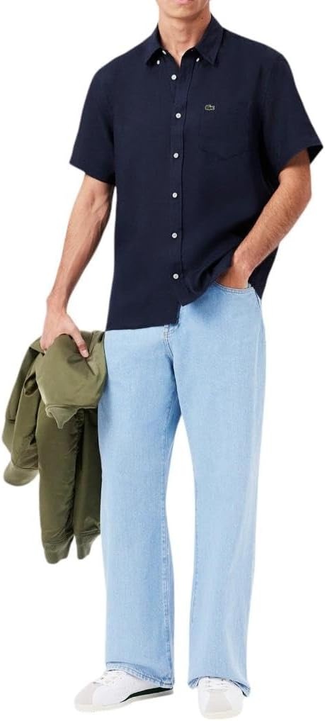 image:imageLacoste Mens Regular Fit Linen Casual Button DownNavy Blue