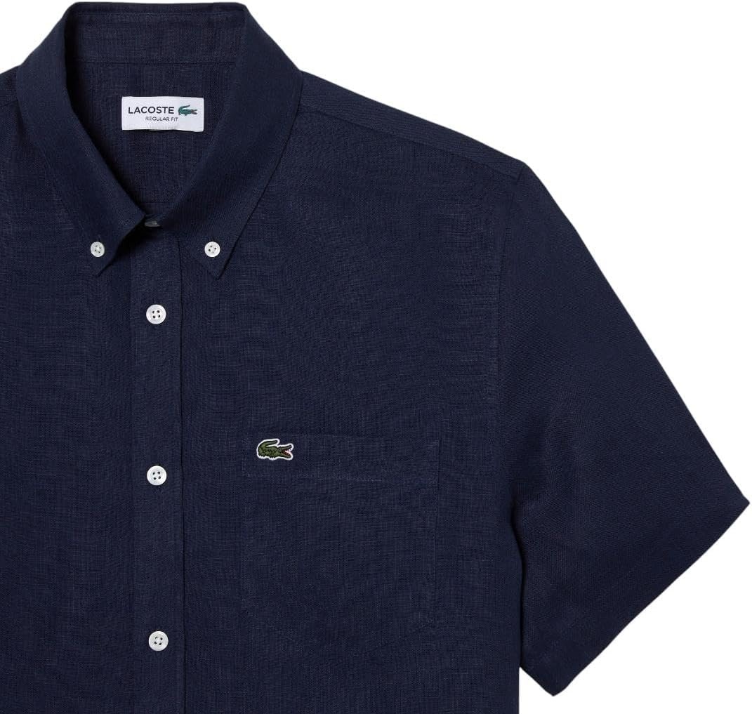 image:imageLacoste Mens Regular Fit Linen Casual Button DownNavy Blue