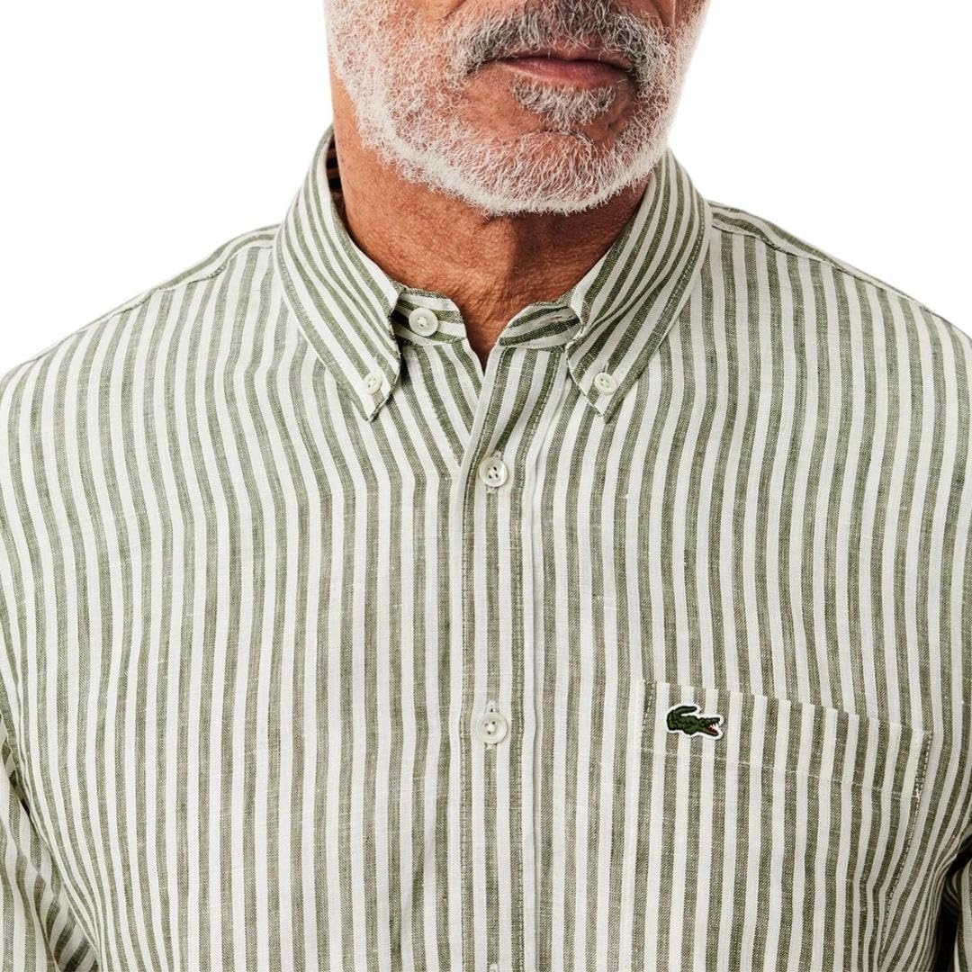 image:imageLacoste Mens Regular Fit Linen ShirtKhakiWhite Linen
