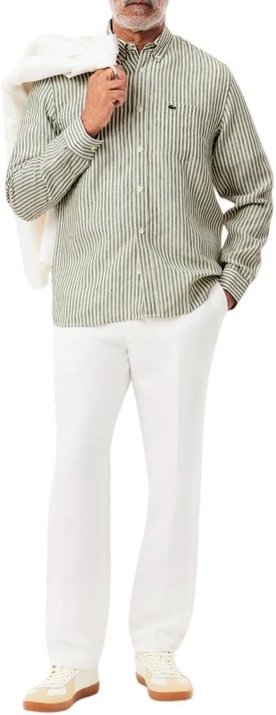 image:imageLacoste Mens Regular Fit Linen ShirtKhakiWhite Linen
