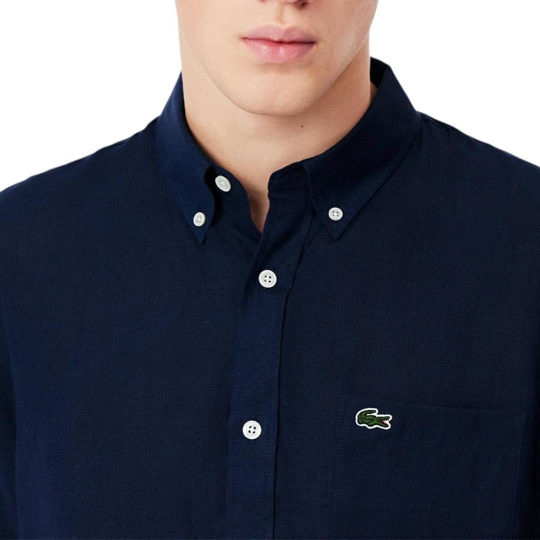 image:imageLacoste Mens Regular Fit Linen ShirtNavy Blue