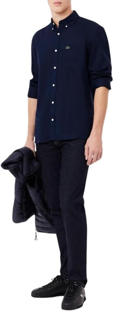 image:imageLacoste Mens Regular Fit Linen ShirtNavy Blue