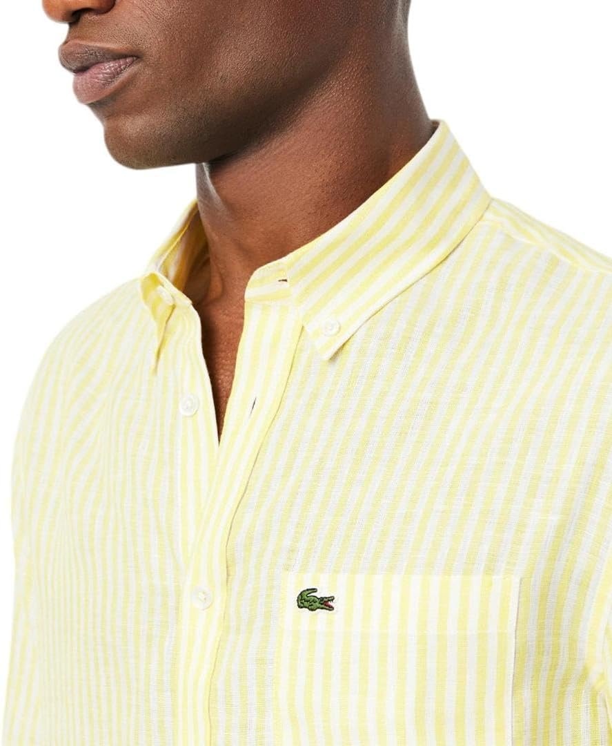 image:imageLacoste Mens Regular Fit Linen ShirtYellowWhite Linen