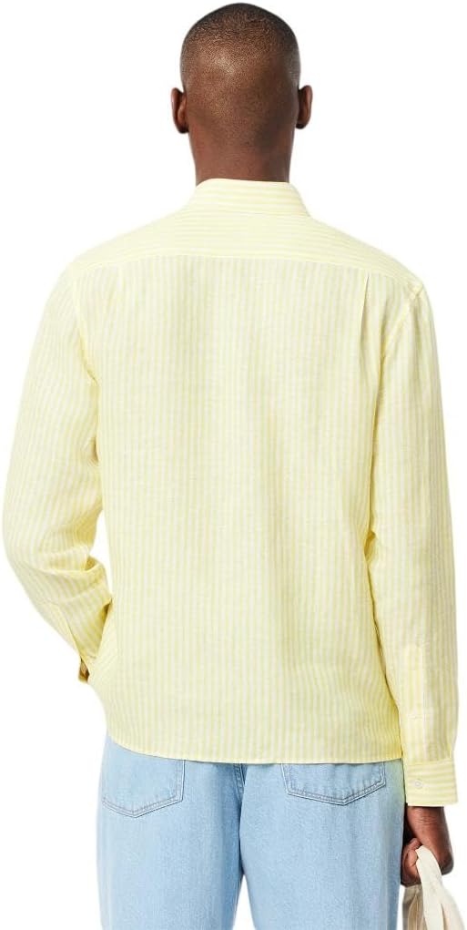 image:imageLacoste Mens Regular Fit Linen ShirtYellowWhite Linen