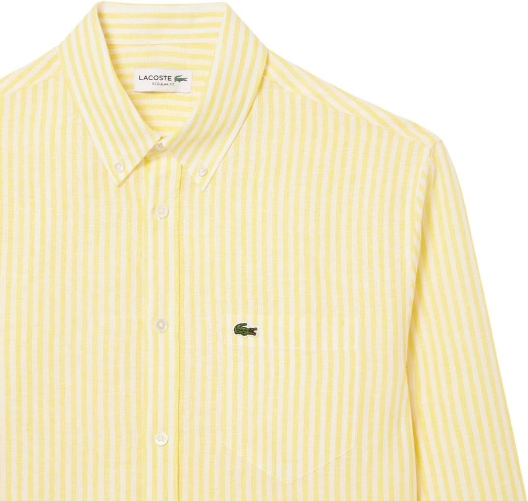 image:imageLacoste Mens Regular Fit Linen ShirtYellowWhite Linen
