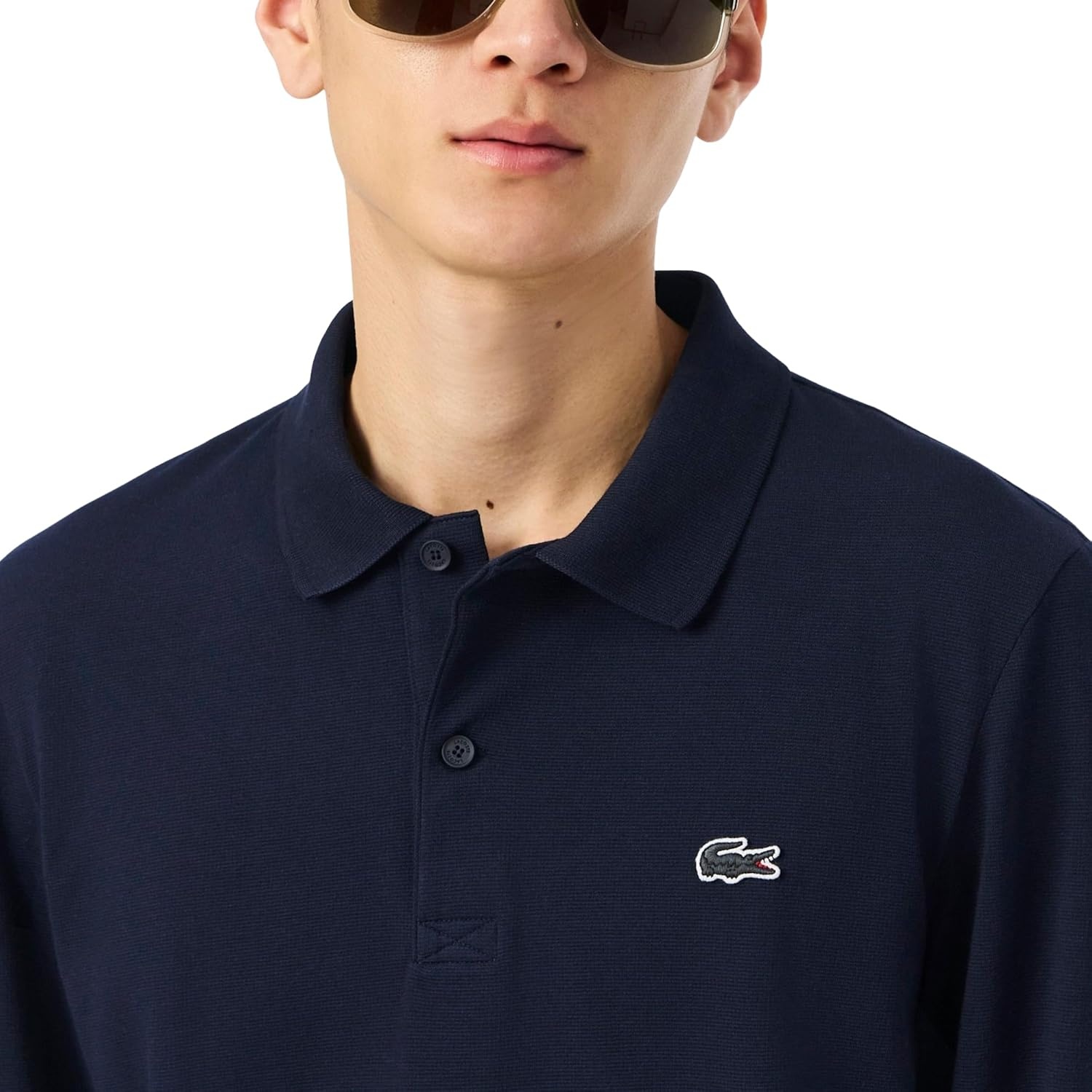 image:imageLacoste Mens Regular Fit Long Sleeved Cotton Blend Polo ShirtNavy Blue