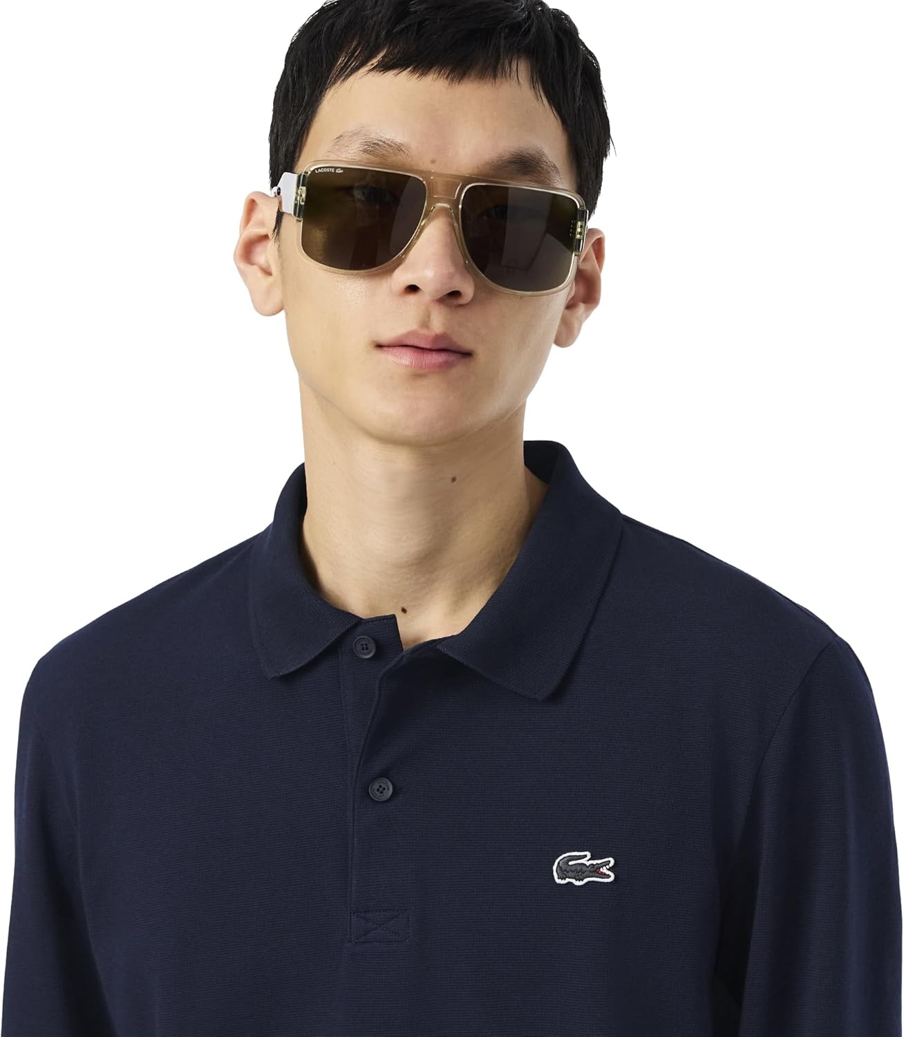 image:imageLacoste Mens Regular Fit Long Sleeved Cotton Blend Polo ShirtNavy Blue