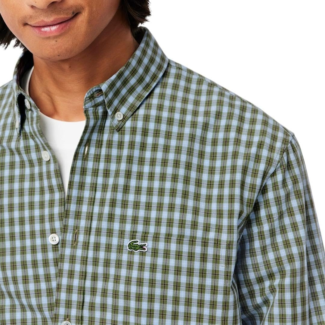image:imageLacoste Mens Regular Fit Plaid Poplin ShirtKhaki Cotton