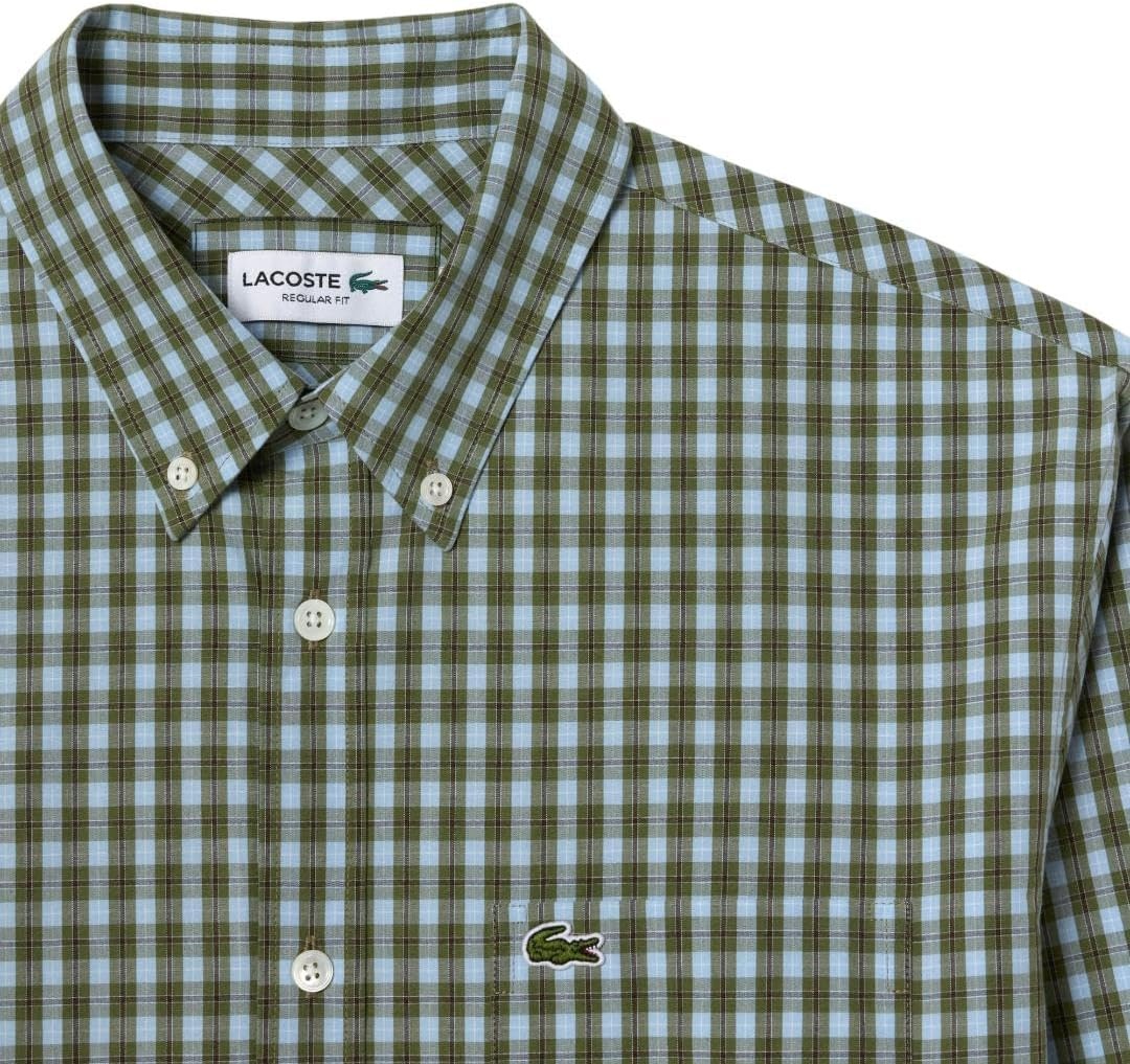 image:imageLacoste Mens Regular Fit Plaid Poplin ShirtKhaki Cotton