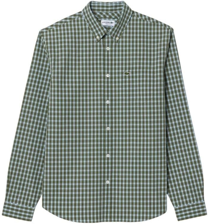 image:imageLacoste Mens Regular Fit Plaid Poplin ShirtKhaki Cotton