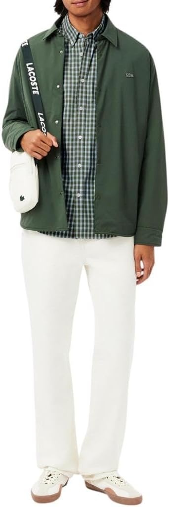 image:imageLacoste Mens Regular Fit Plaid Poplin ShirtKhaki Cotton