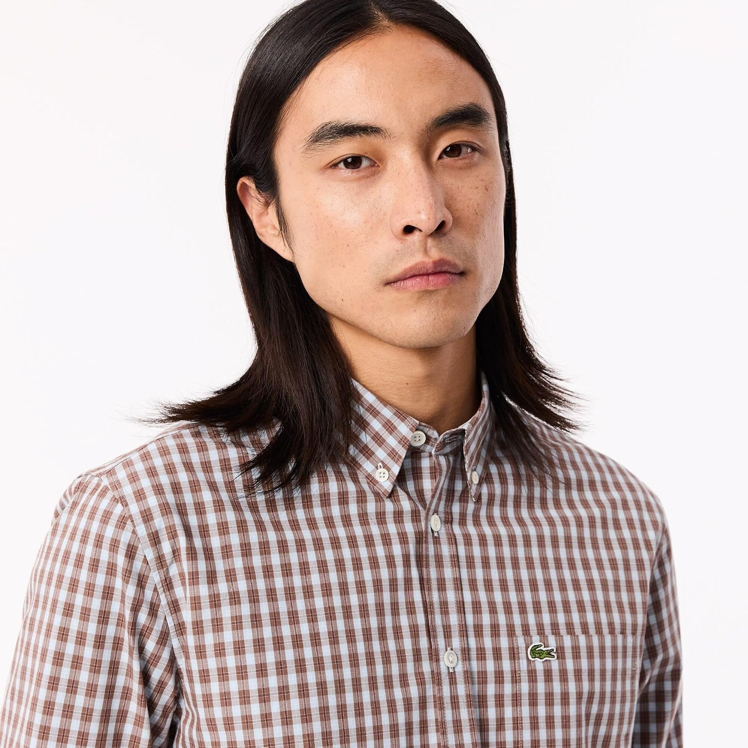 image:imageLacoste Mens Regular Fit Plaid Poplin ShirtMyrrh Cotton