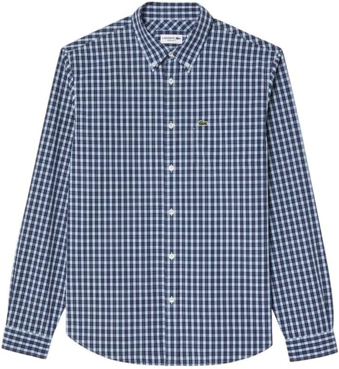 image:imageLacoste Mens Regular Fit Plaid Poplin ShirtNavy Blue Cotton