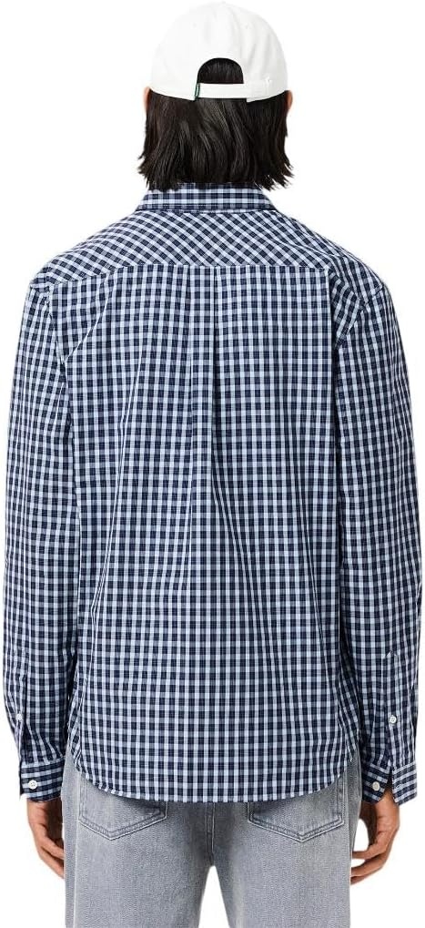 image:imageLacoste Mens Regular Fit Plaid Poplin ShirtNavy Blue Cotton