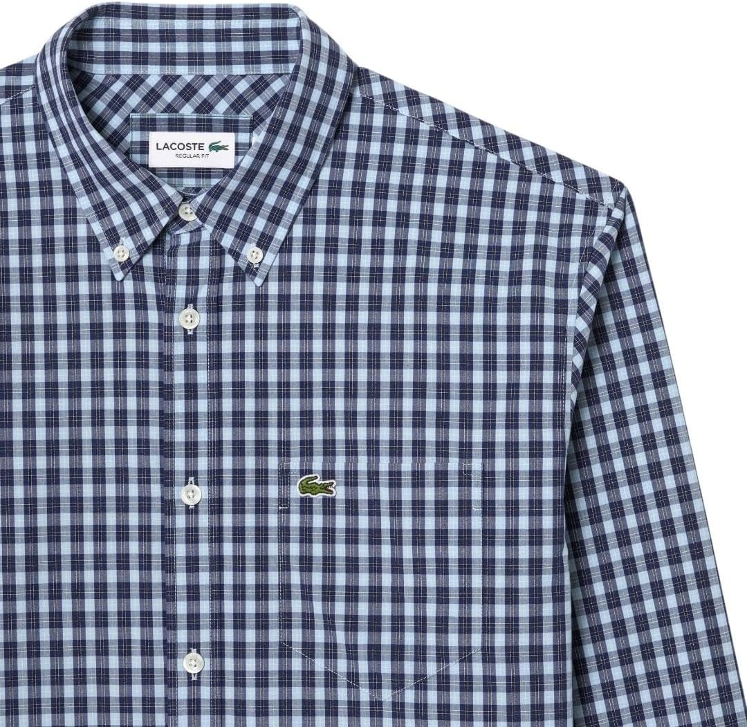 image:imageLacoste Mens Regular Fit Plaid Poplin ShirtNavy Blue Cotton