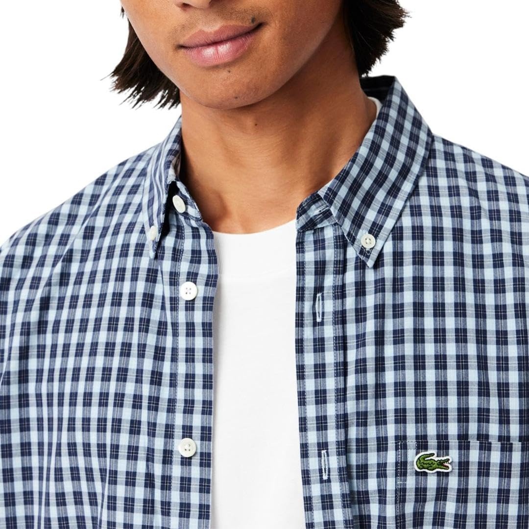 image:imageLacoste Mens Regular Fit Plaid Poplin ShirtNavy Blue Cotton