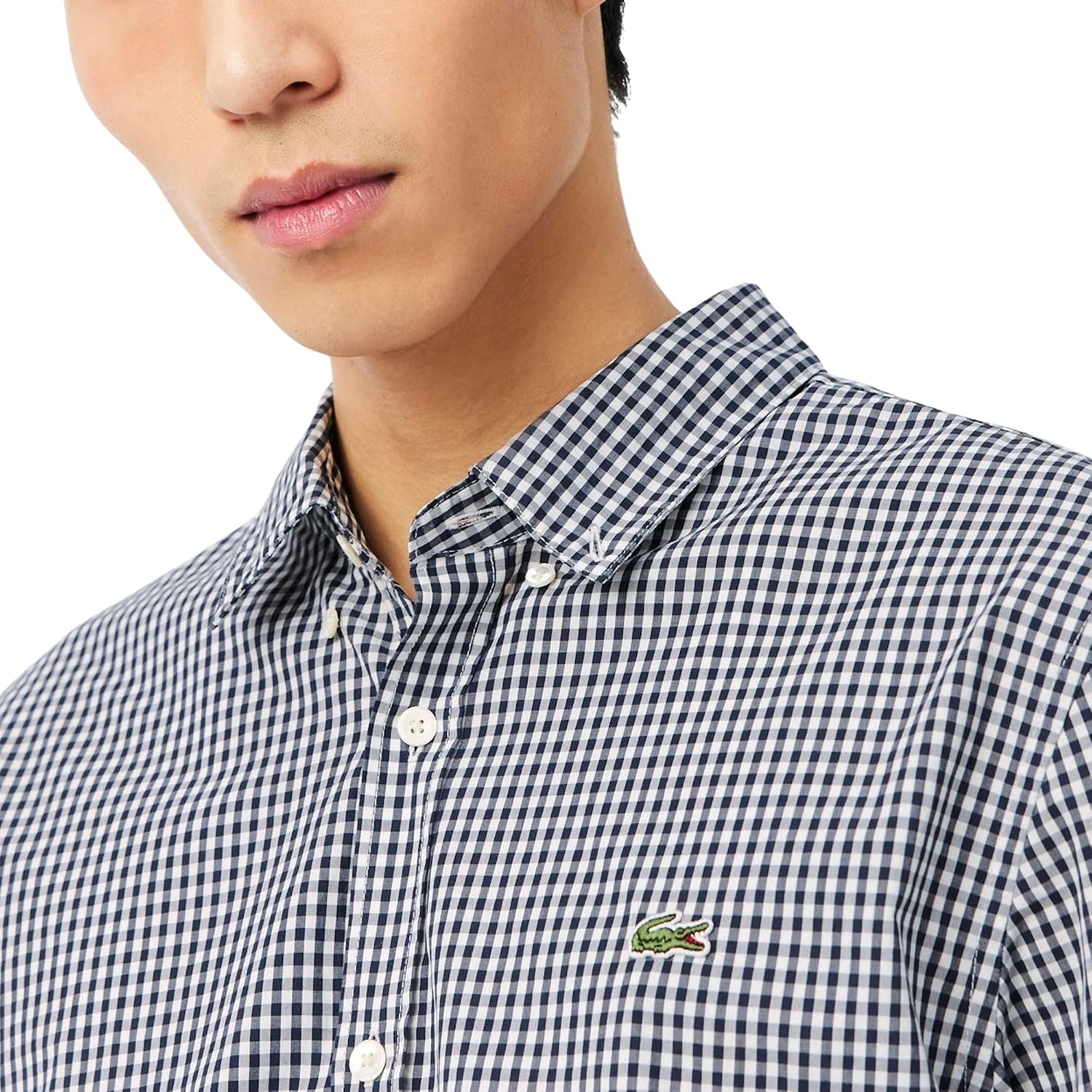 image:imageLacoste Mens Regular Fit Plaid Poplin ShirtWhiteNavy Blue