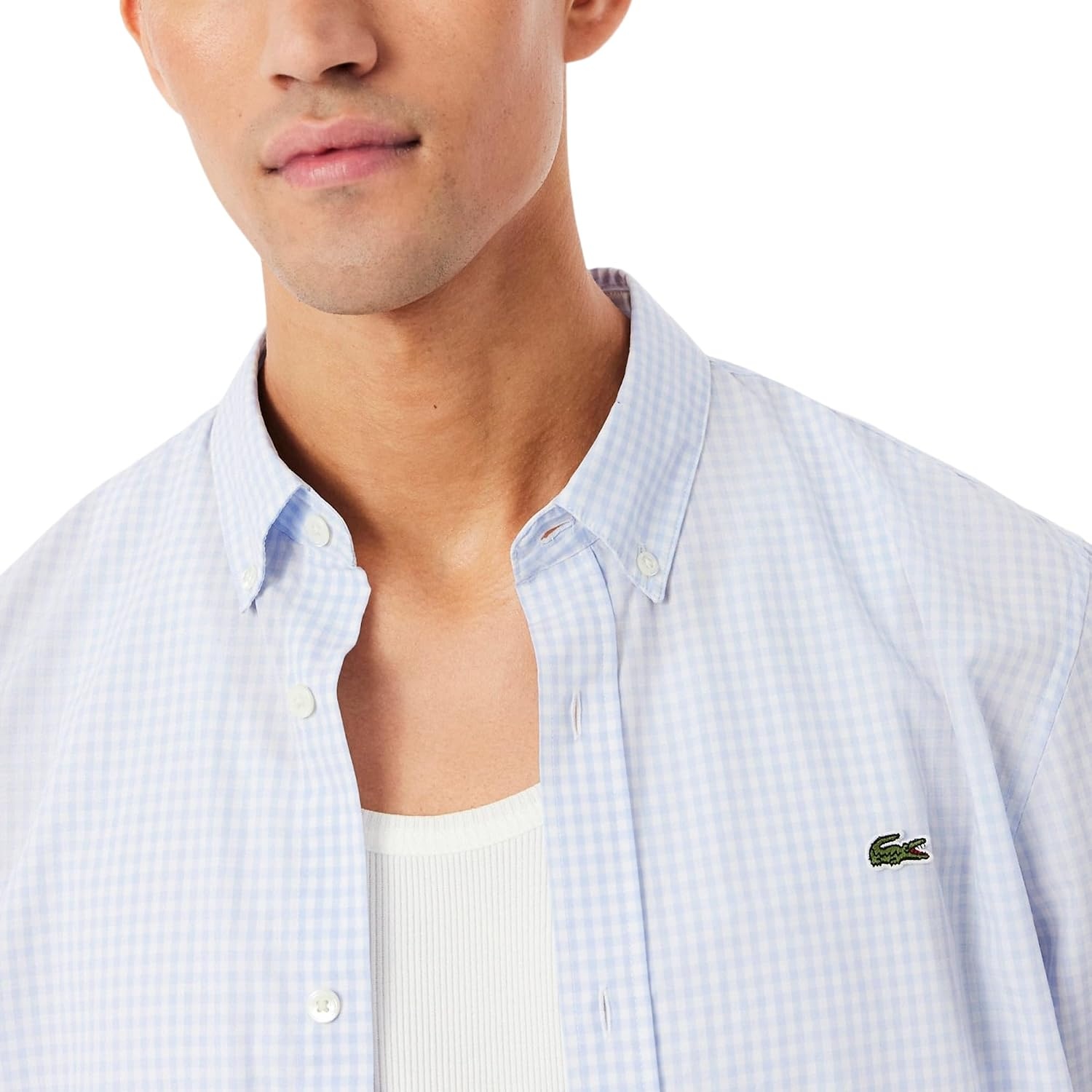 image:imageLacoste Mens Regular Fit Plaid Poplin ShirtWhitePhoenix Blue