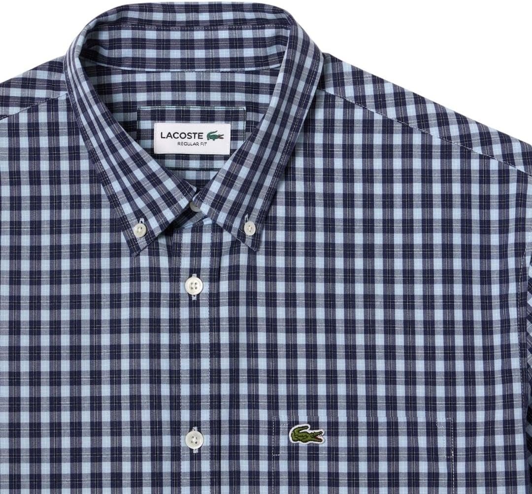 image:imageLacoste Mens Regular Fit Short Sleeved ShirtNavy Blue Check