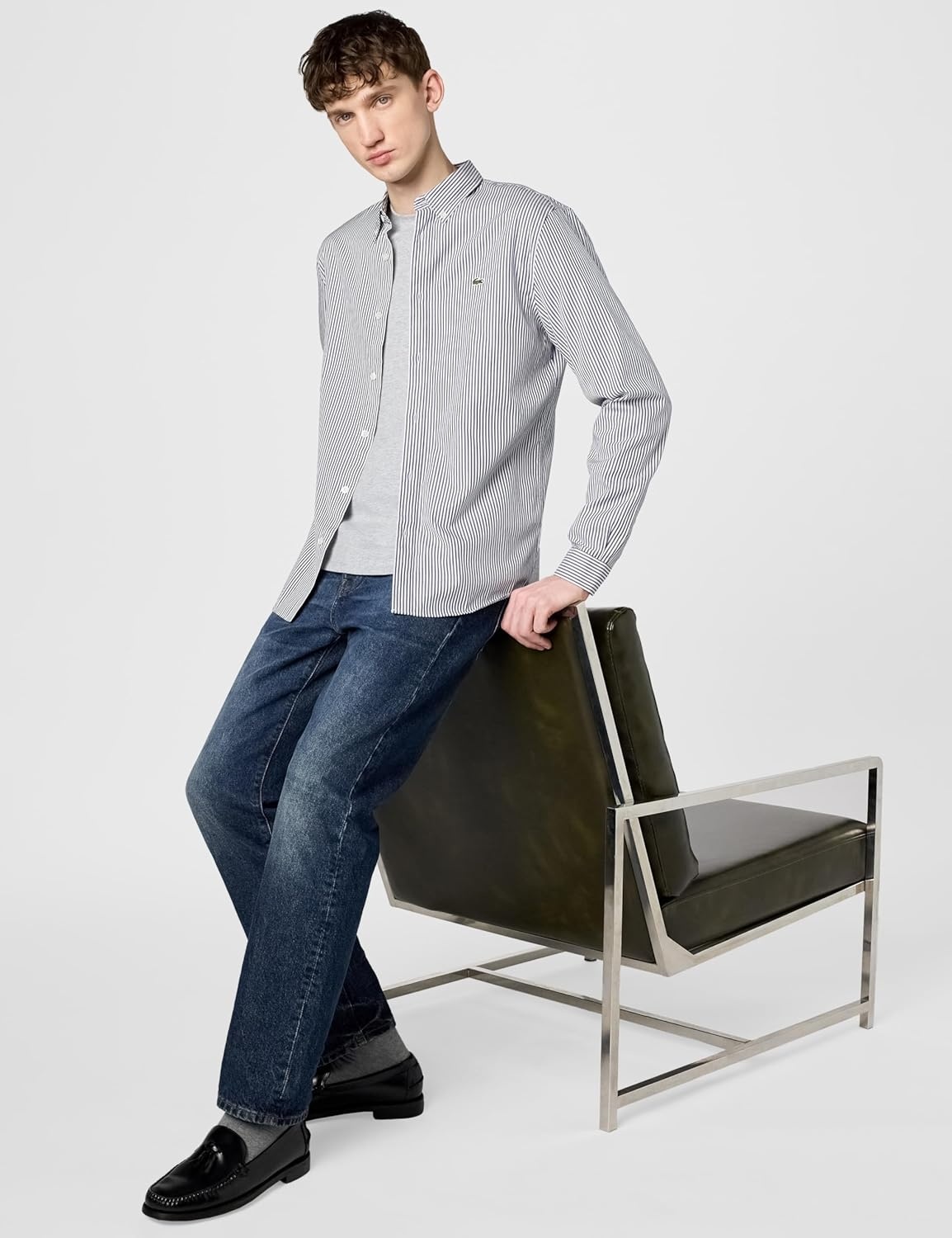 image:imageLacoste Mens Regular Fit Striped Cotton ShirtWhiteNavy Blue