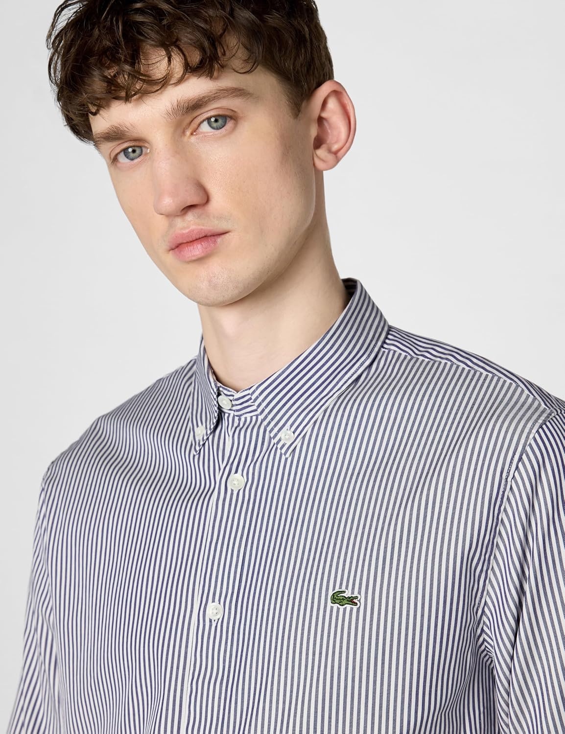 image:imageLacoste Mens Regular Fit Striped Cotton ShirtWhiteNavy Blue