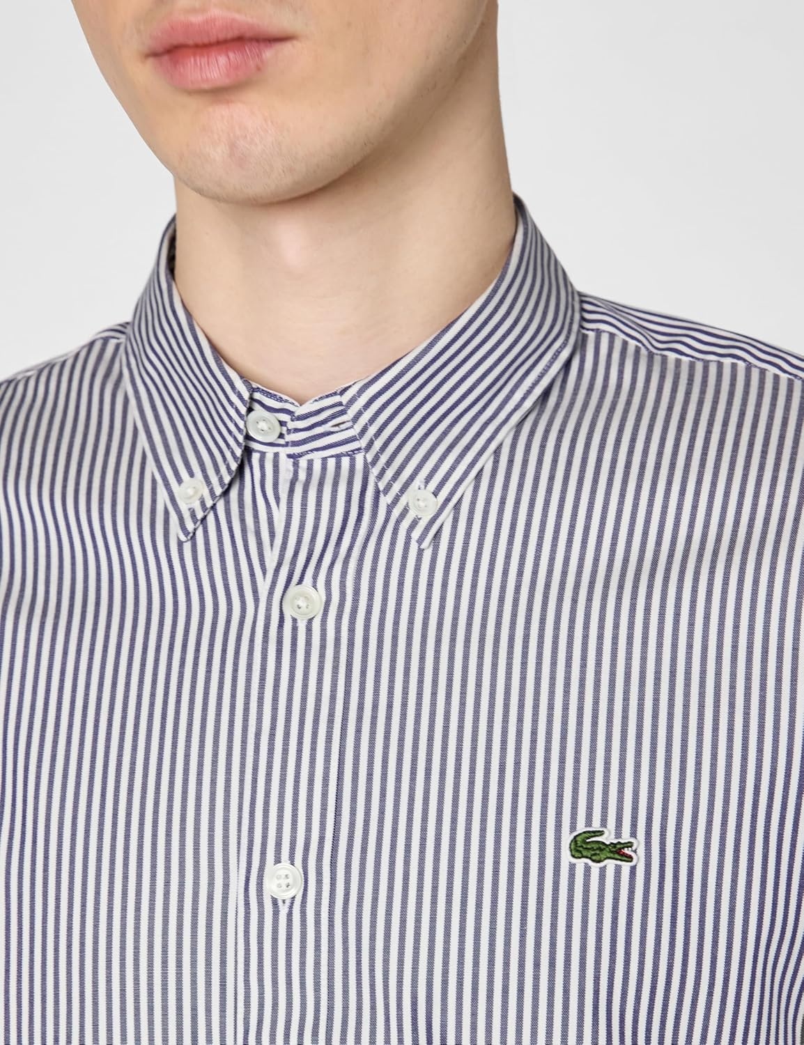 image:imageLacoste Mens Regular Fit Striped Cotton ShirtWhiteNavy Blue