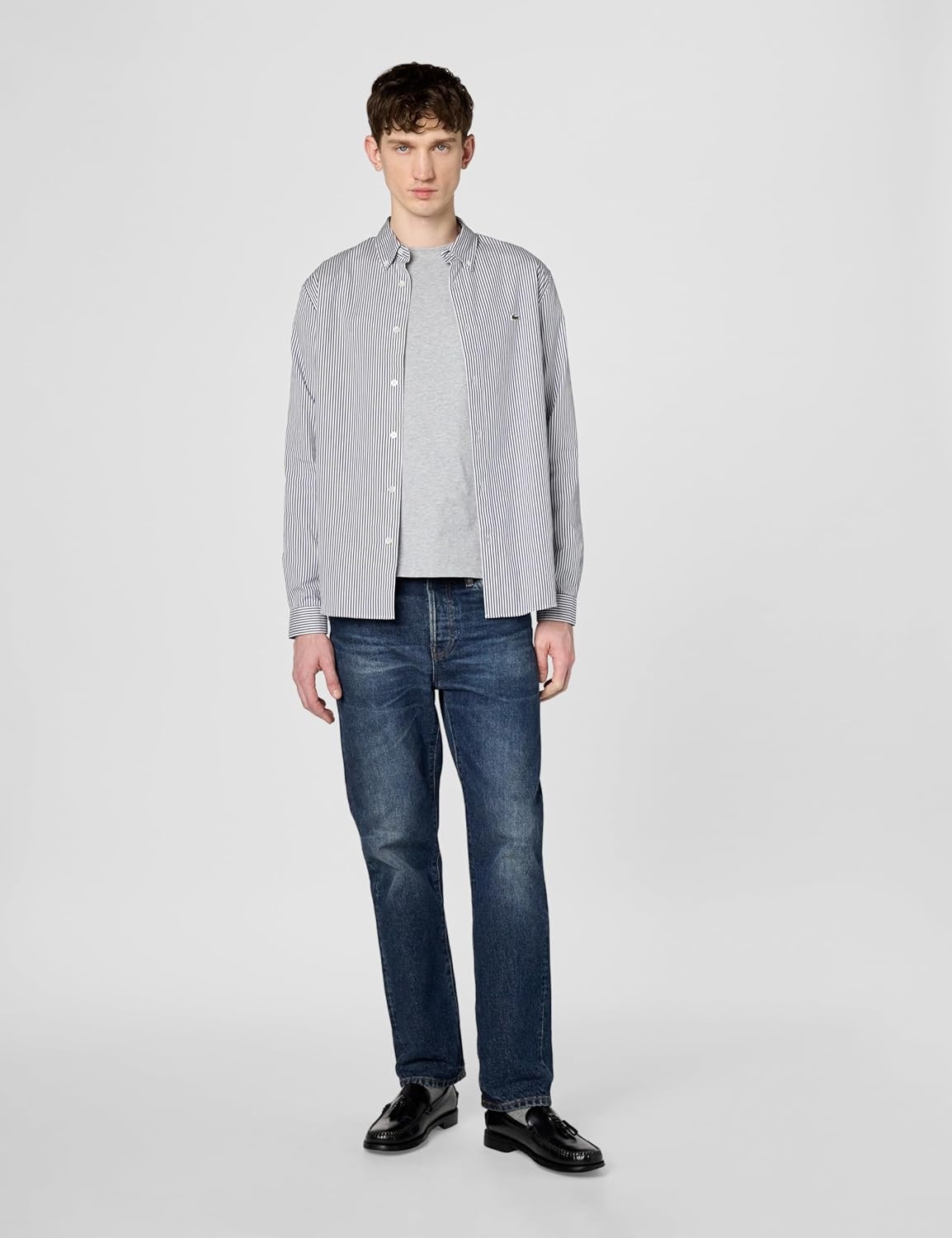 image:imageLacoste Mens Regular Fit Striped Cotton ShirtWhiteNavy Blue