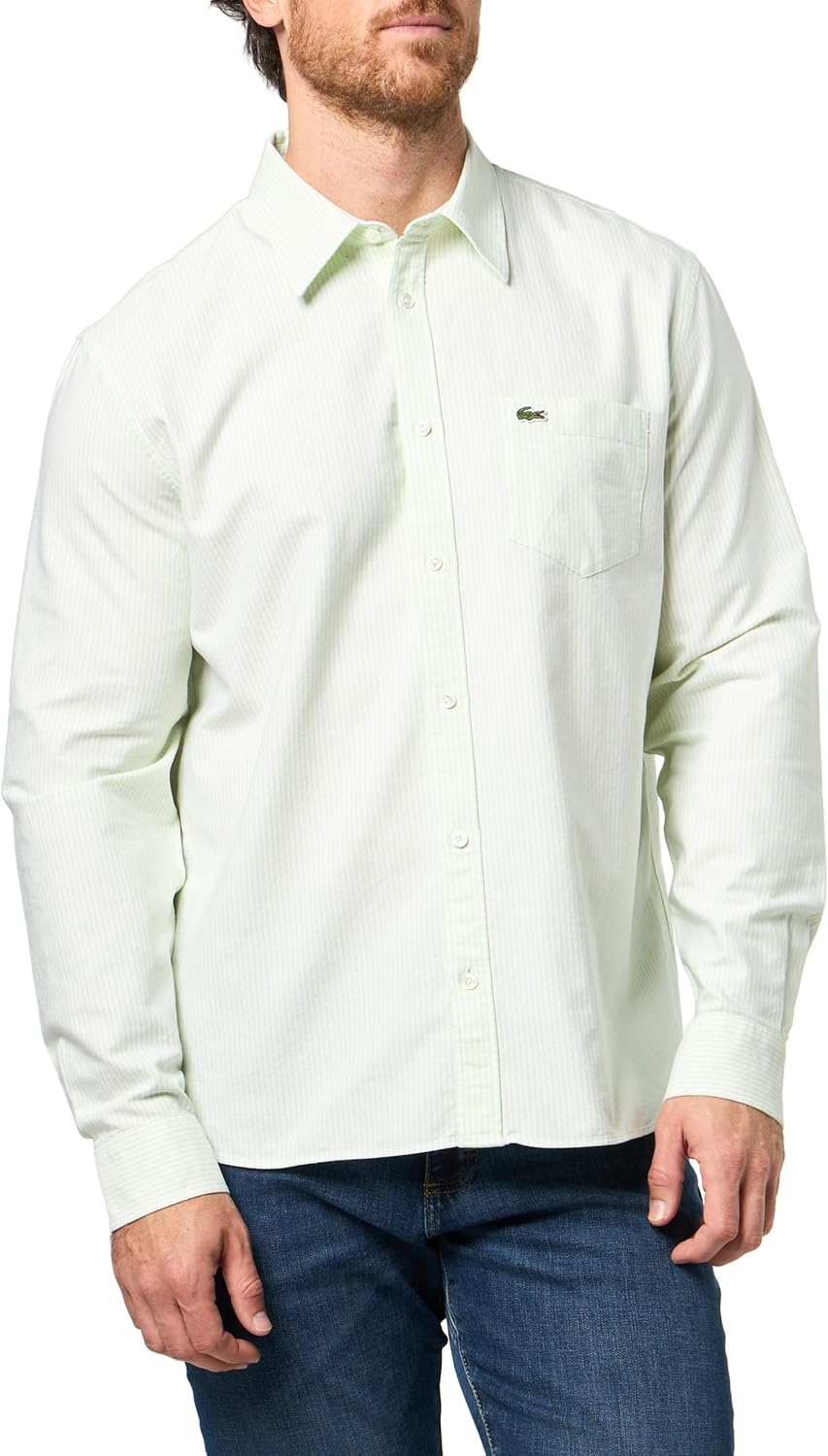 image:imageLacoste Mens Regular Fit Striped Oxford ShirtBirchWhite