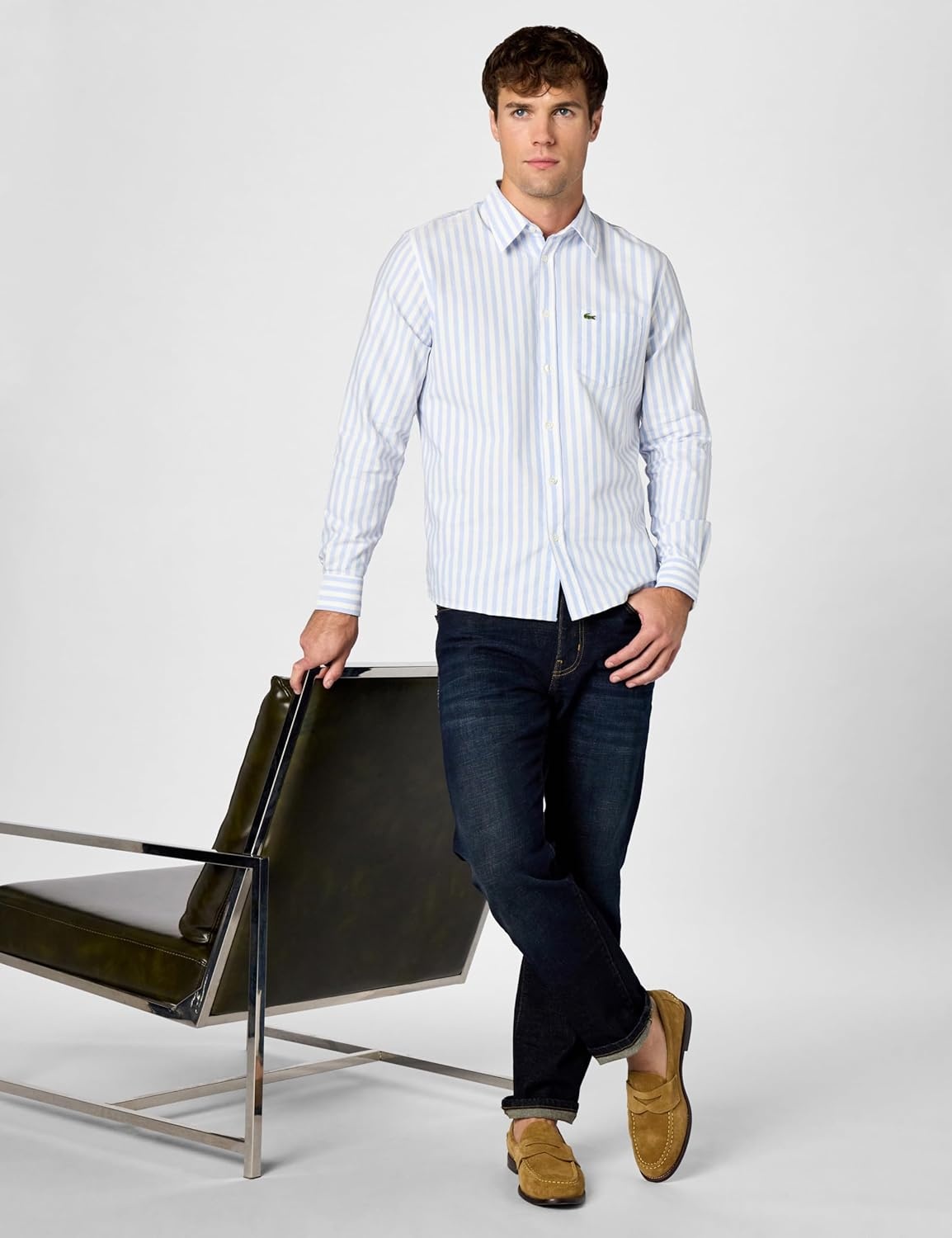 image:imageLacoste Mens Regular Fit Striped Oxford ShirtOverviewWhite Oxford