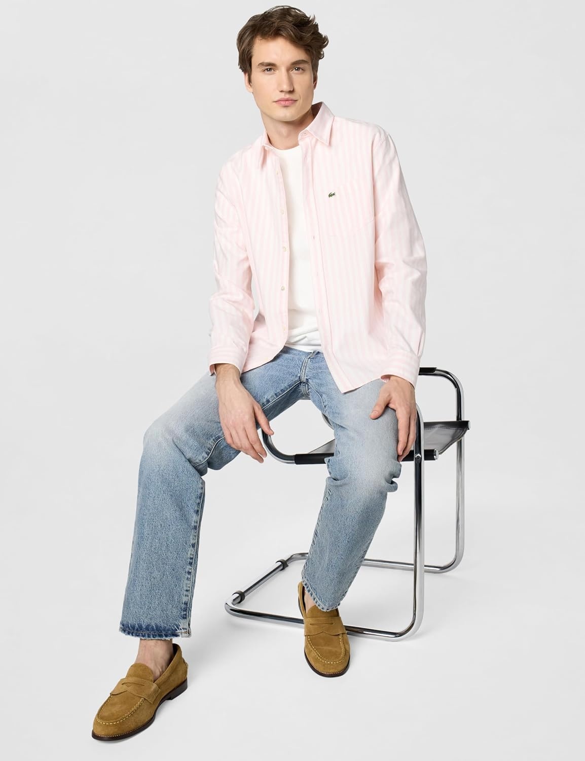 image:imageLacoste Mens Regular Fit Striped Oxford ShirtWhiteFlamingo Oxford