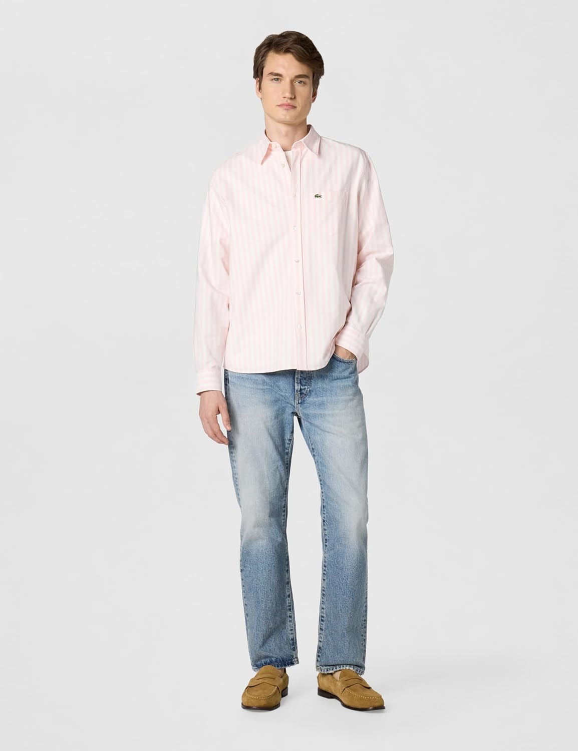 image:imageLacoste Mens Regular Fit Striped Oxford ShirtWhiteFlamingo Oxford