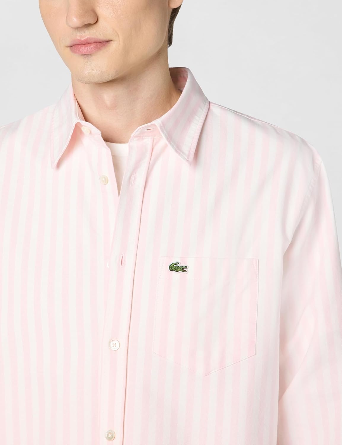 image:imageLacoste Mens Regular Fit Striped Oxford ShirtWhiteFlamingo Oxford