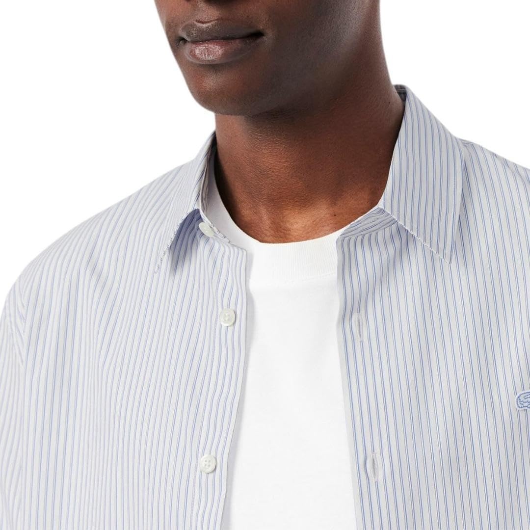 image:imageLacoste Mens Regular Fit Striped Poplin ShirtWhiteOverviewNavy Blue