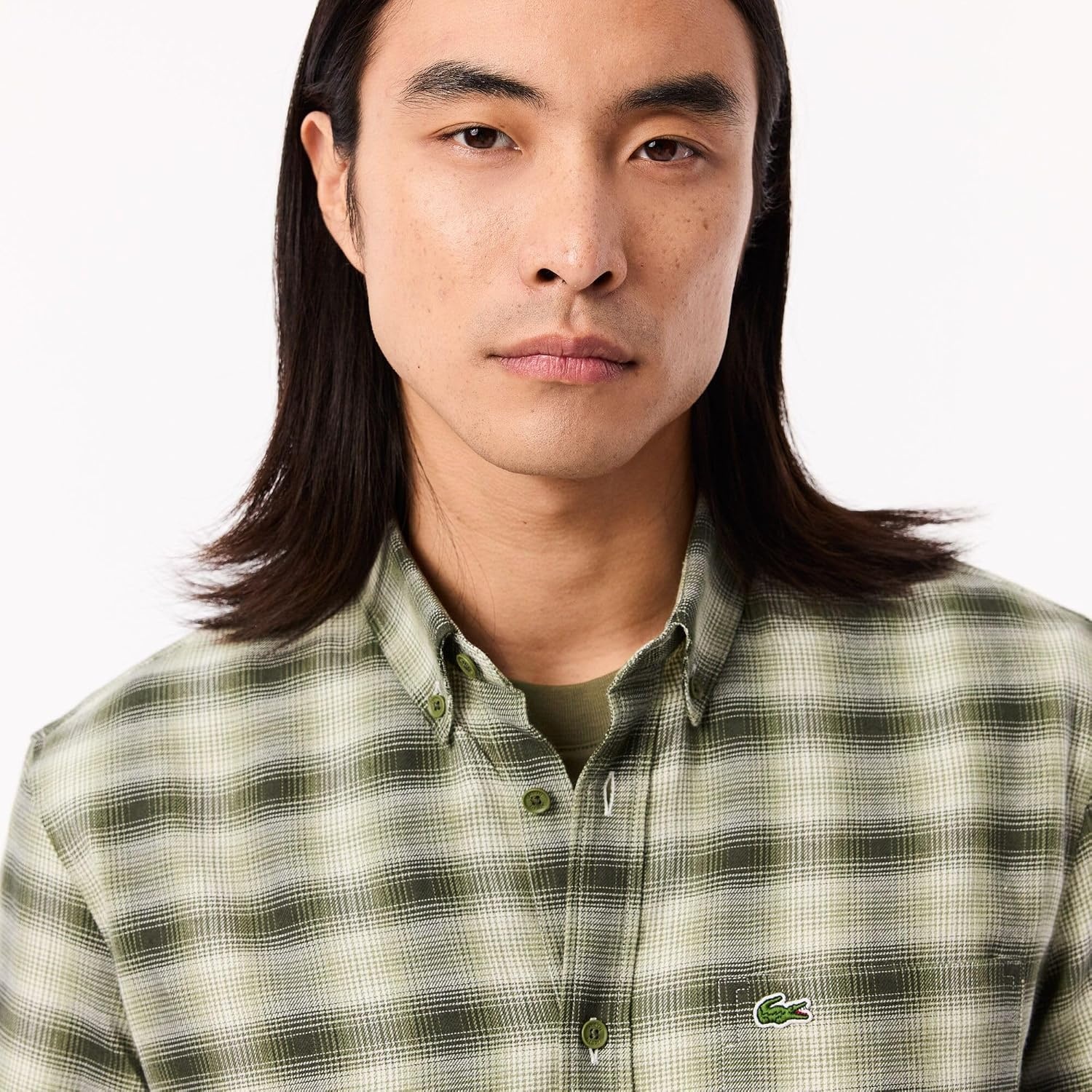 image:imageLacoste Mens Regular Fit Wool amp Cotton Flannel ShirtKhaki Medium Check