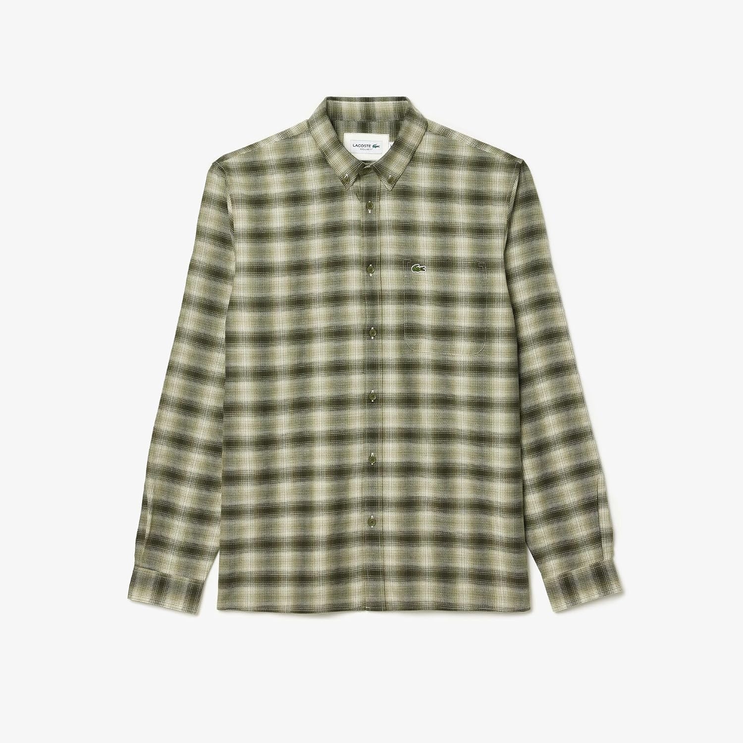 image:imageLacoste Mens Regular Fit Wool amp Cotton Flannel ShirtKhaki Medium Check