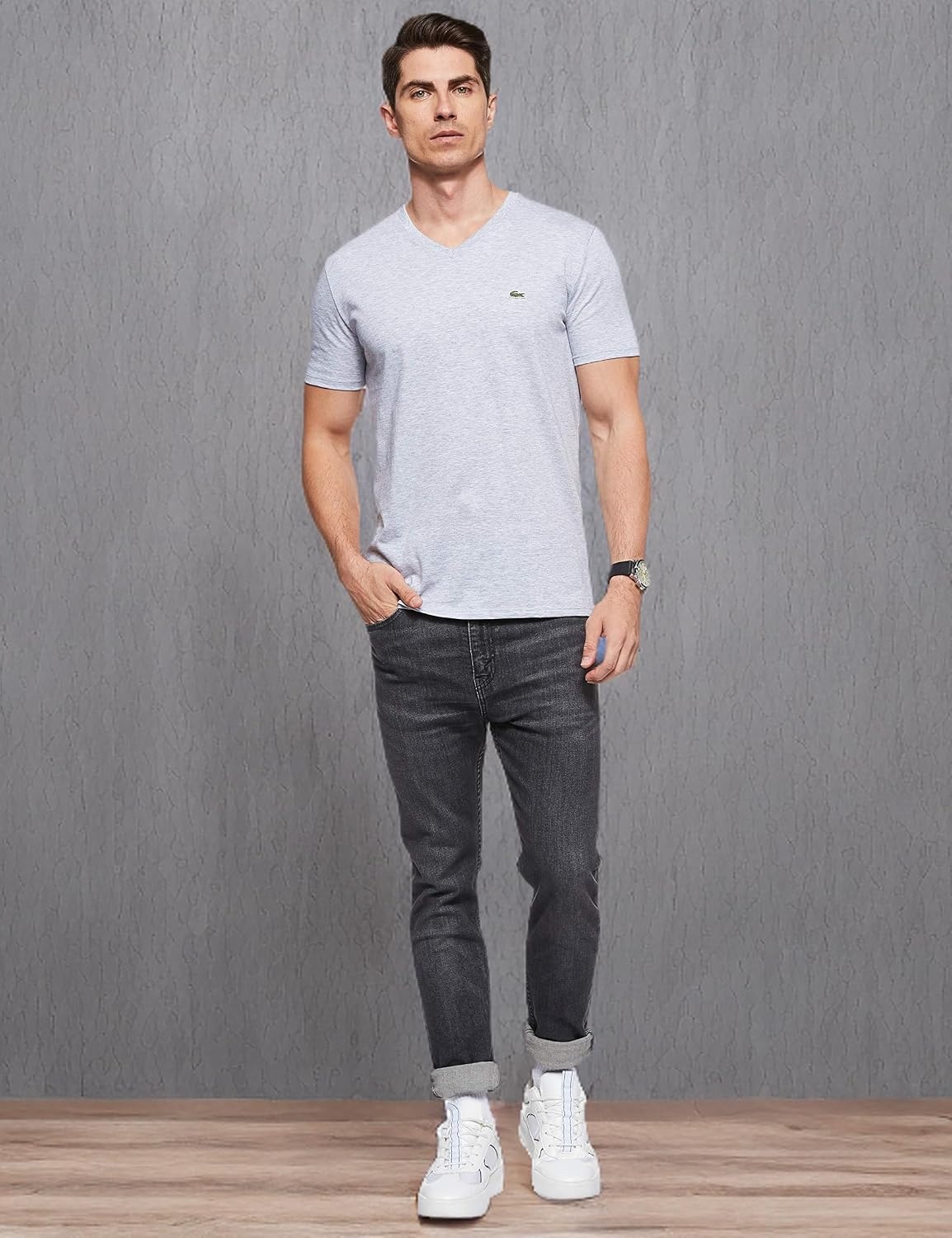 image:imageLacoste Mens Short Sleeve VNeck Pima Cotton Jersey TShirtSilver Heathered