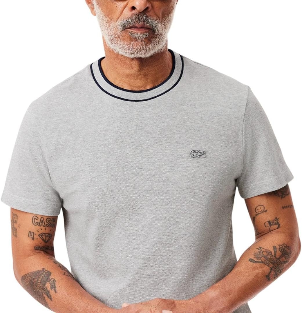 image:imageLacoste Mens Stretch Piqu Stripe Collar TShirtSilver Chine Striped Collar