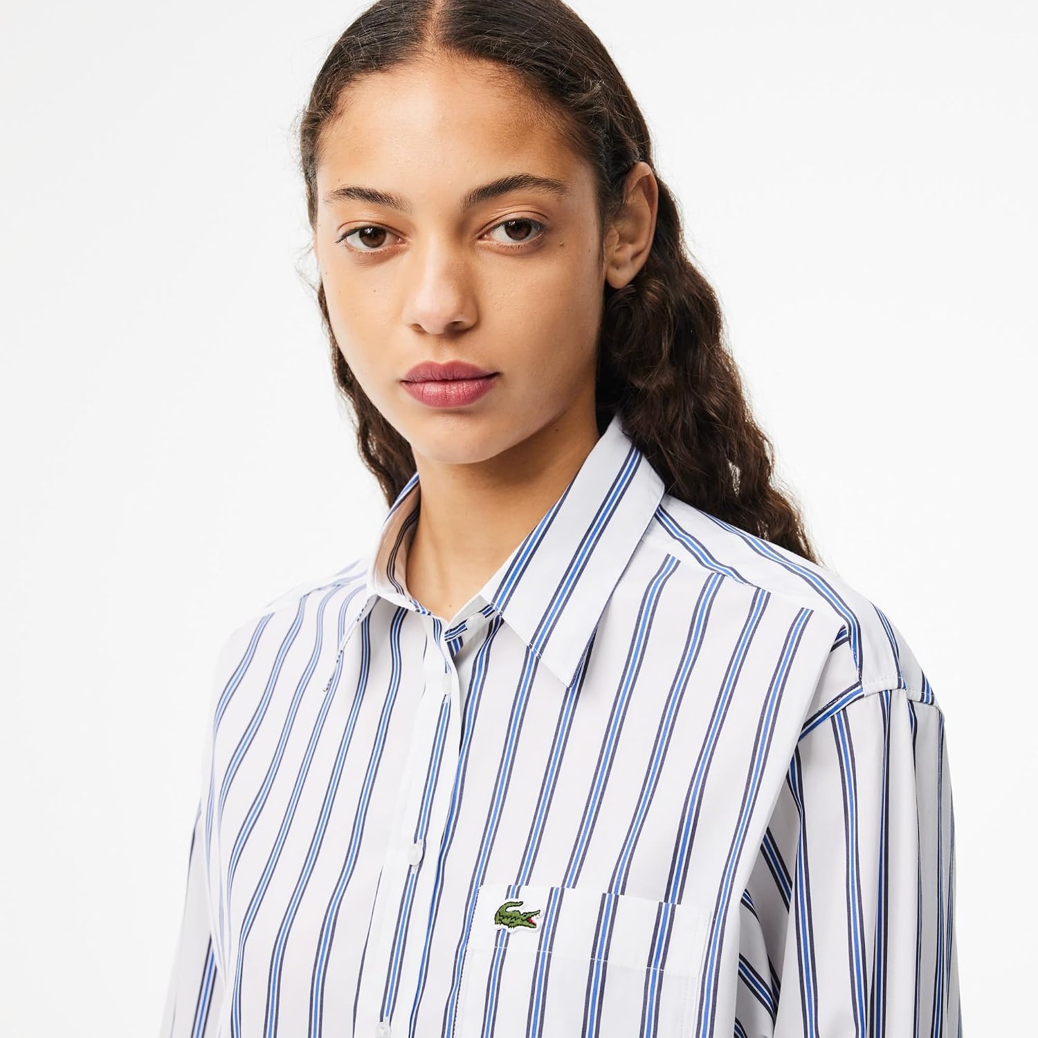 image:imageLacoste Womens Core Collection Oversized Fit Long Sleeve Solid ShirtFlourNavy BlueLazuli