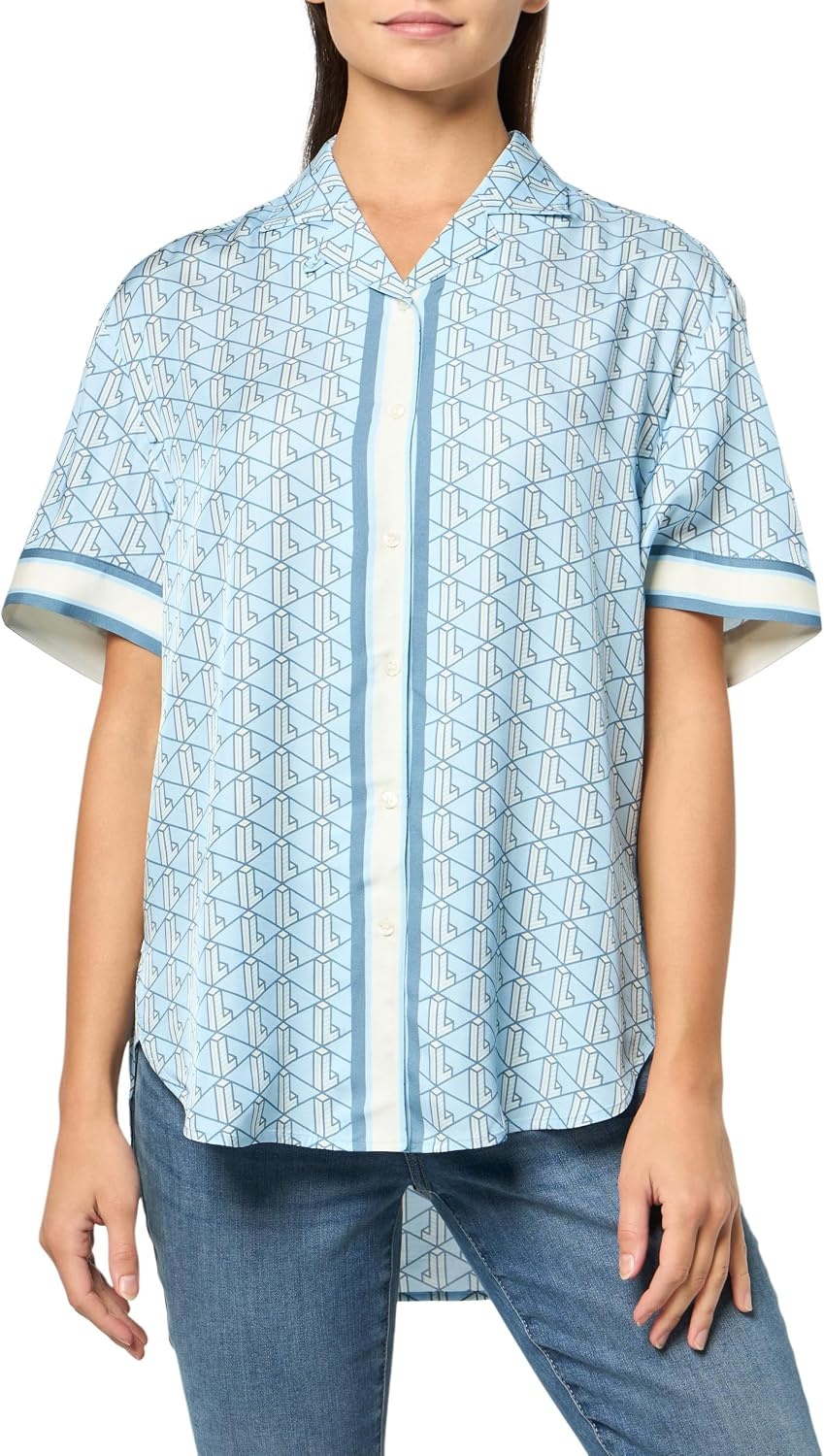 image:imageLacoste Womens Oversized Monogram Print ShirtTranquil BlueWhite