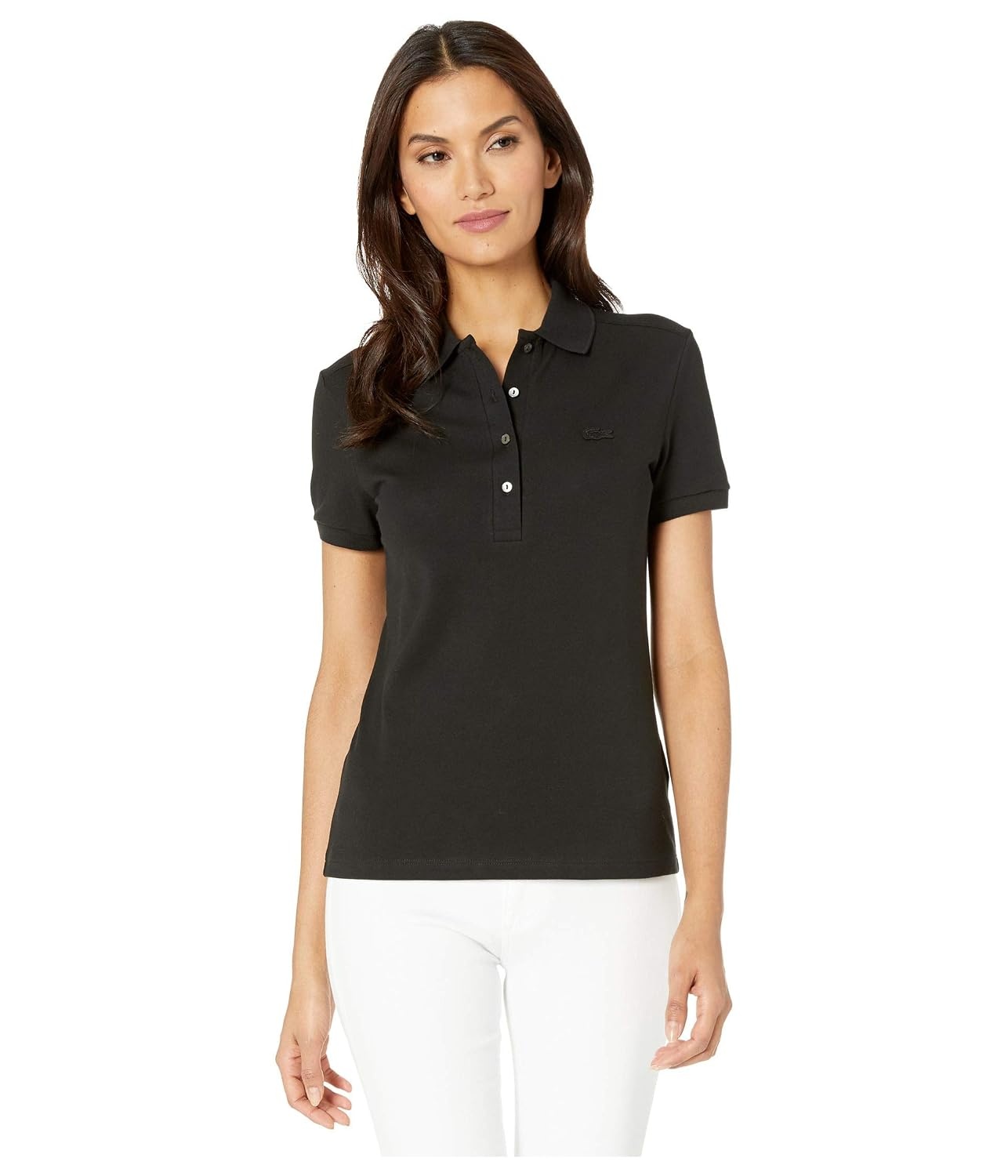 image:imageLacoste Womens Short Sleeve Slim Fit Stretch Pique Polo ShirtDeep Black