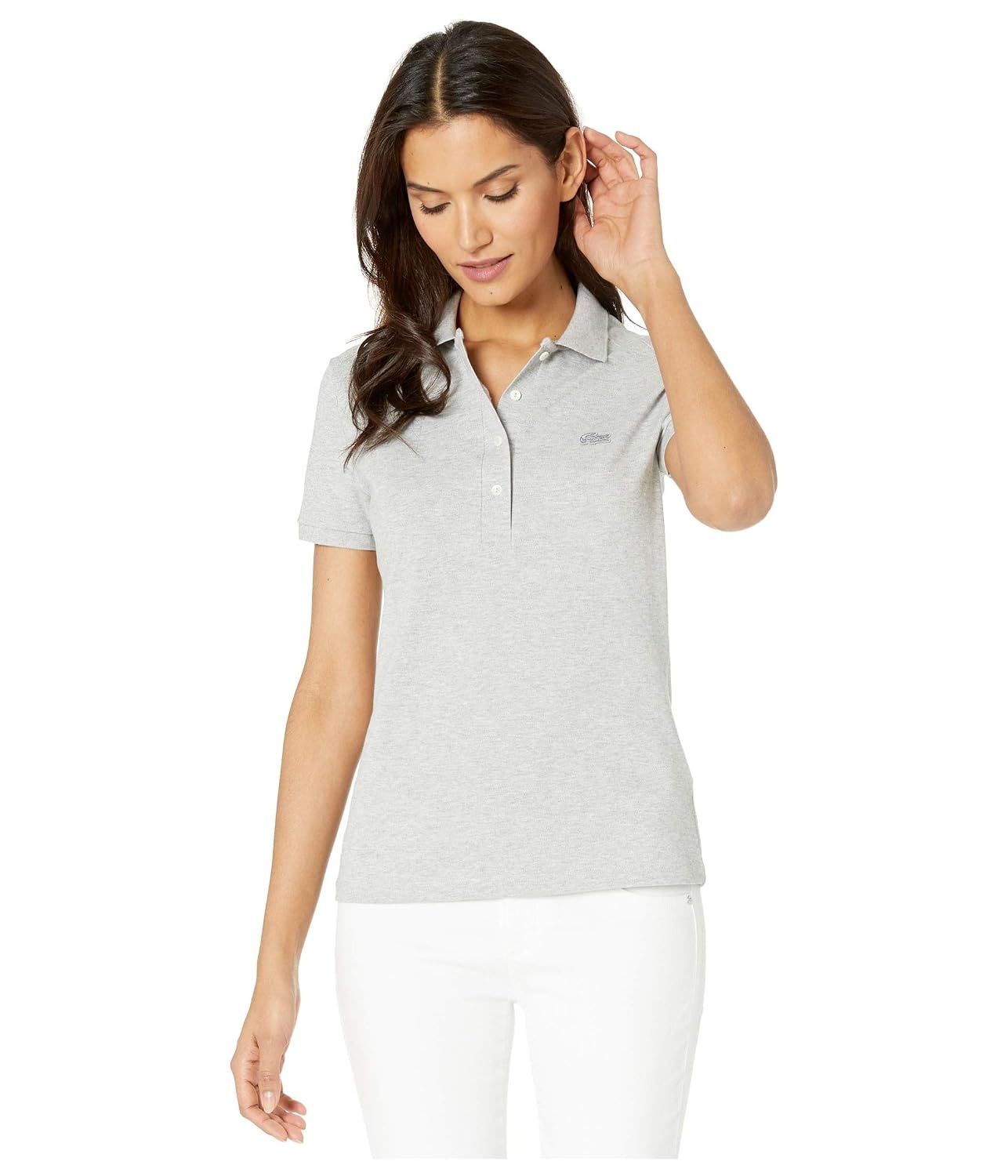 image:imageLacoste Womens Short Sleeve Slim Fit Stretch Pique Polo ShirtSilver Grey Chine