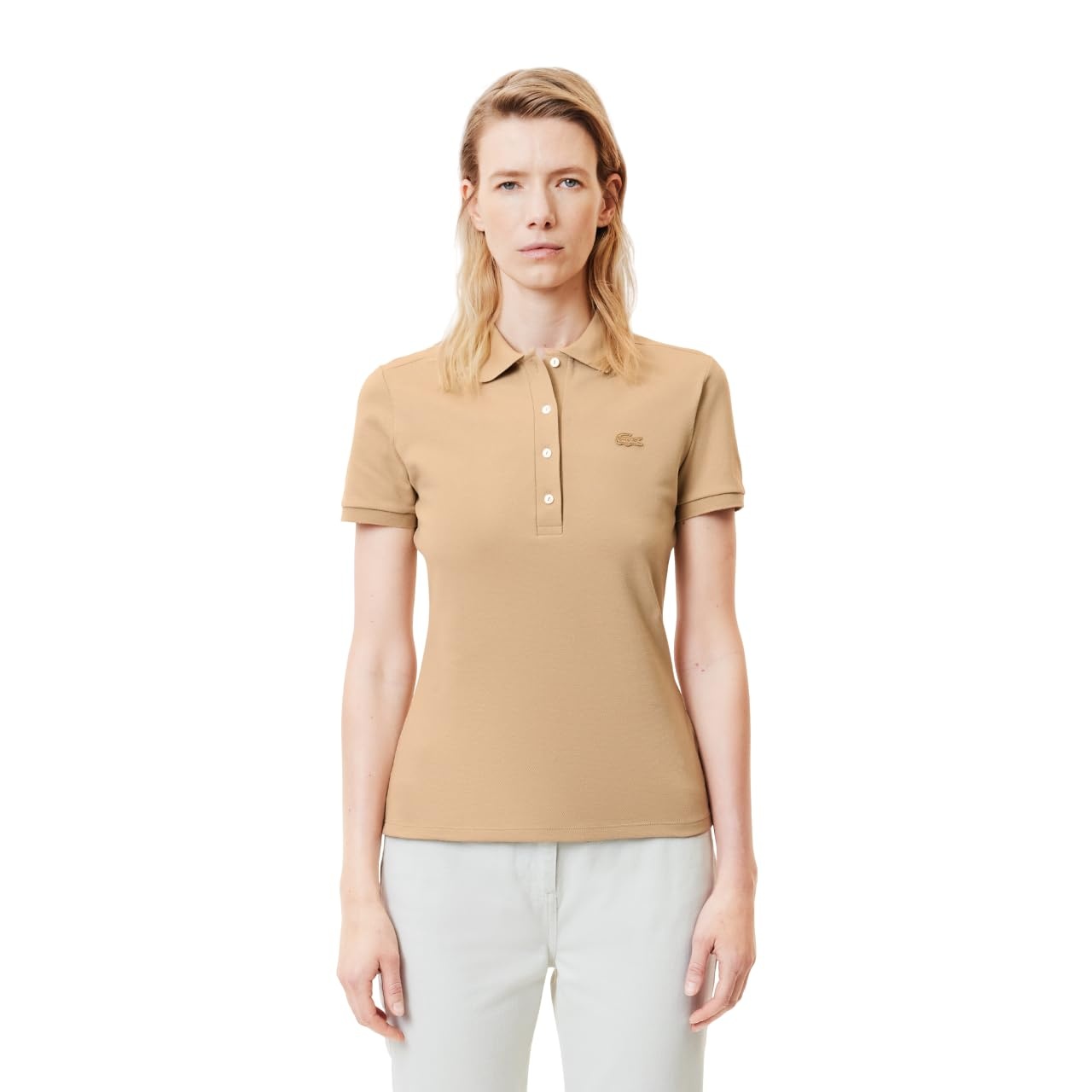 image:imageLacoste Womens Short Sleeve Slim Fit Stretch Pique Polo ShirtViennese Beige